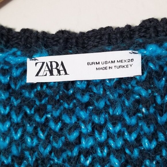 Zara‎ Houndstooth Chunky Blue Black Open Front Cardigan L Slouchy Preppy Casual - Picture 6 of 16